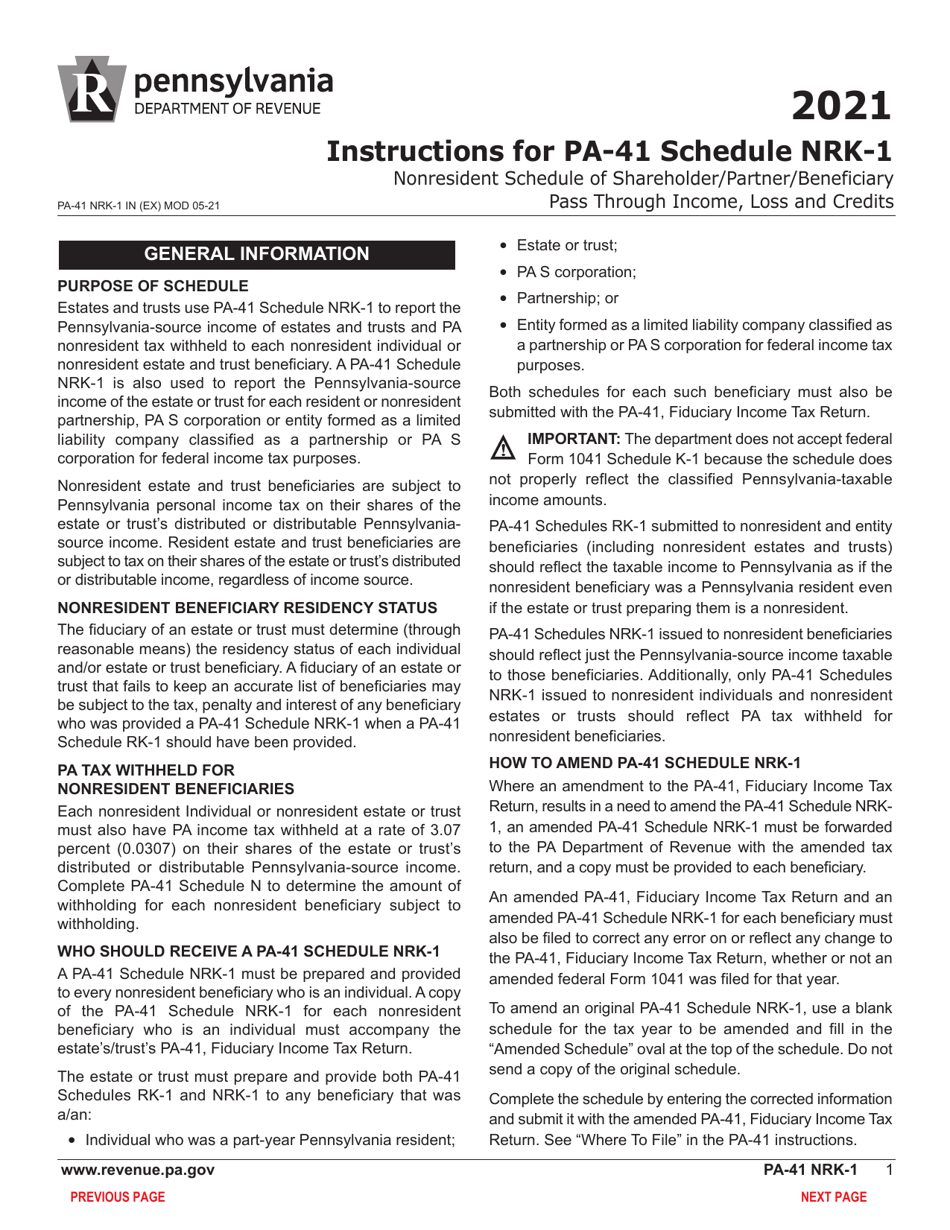 Form Pa 41 Schedule Nrk 1 2021 Fill Out Sign Online And Download Fillable Pdf Pennsylvania 0276