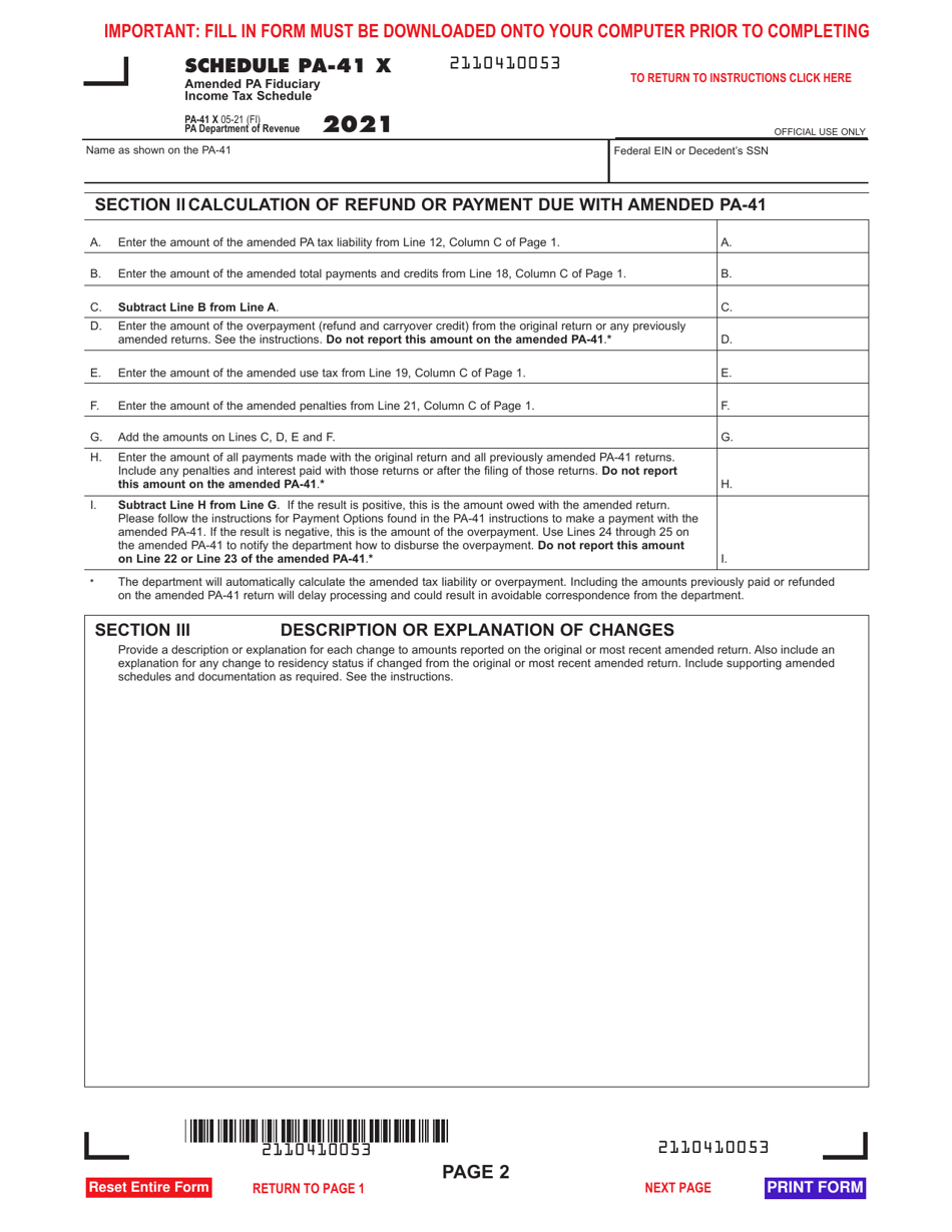 Form PA-41 Schedule X Amended Pa Fiduciary Income Tax Schedule - Pennsylvania, Page 2
