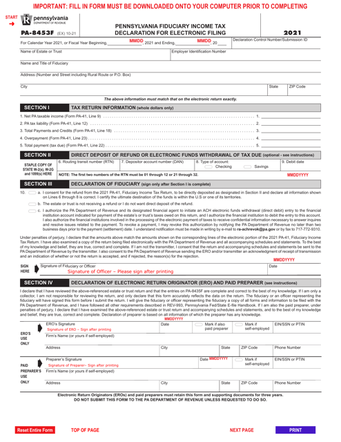 Form PA-8453F 2021 Printable Pdf