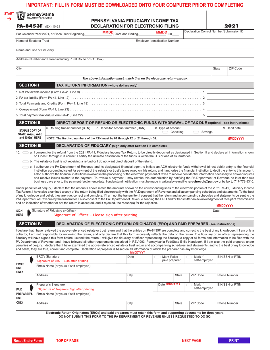 Form PA-8453F Pennsylvania Fiduciary Income Tax Declaration for Electronic Filing - Pennsylvania, Page 1
