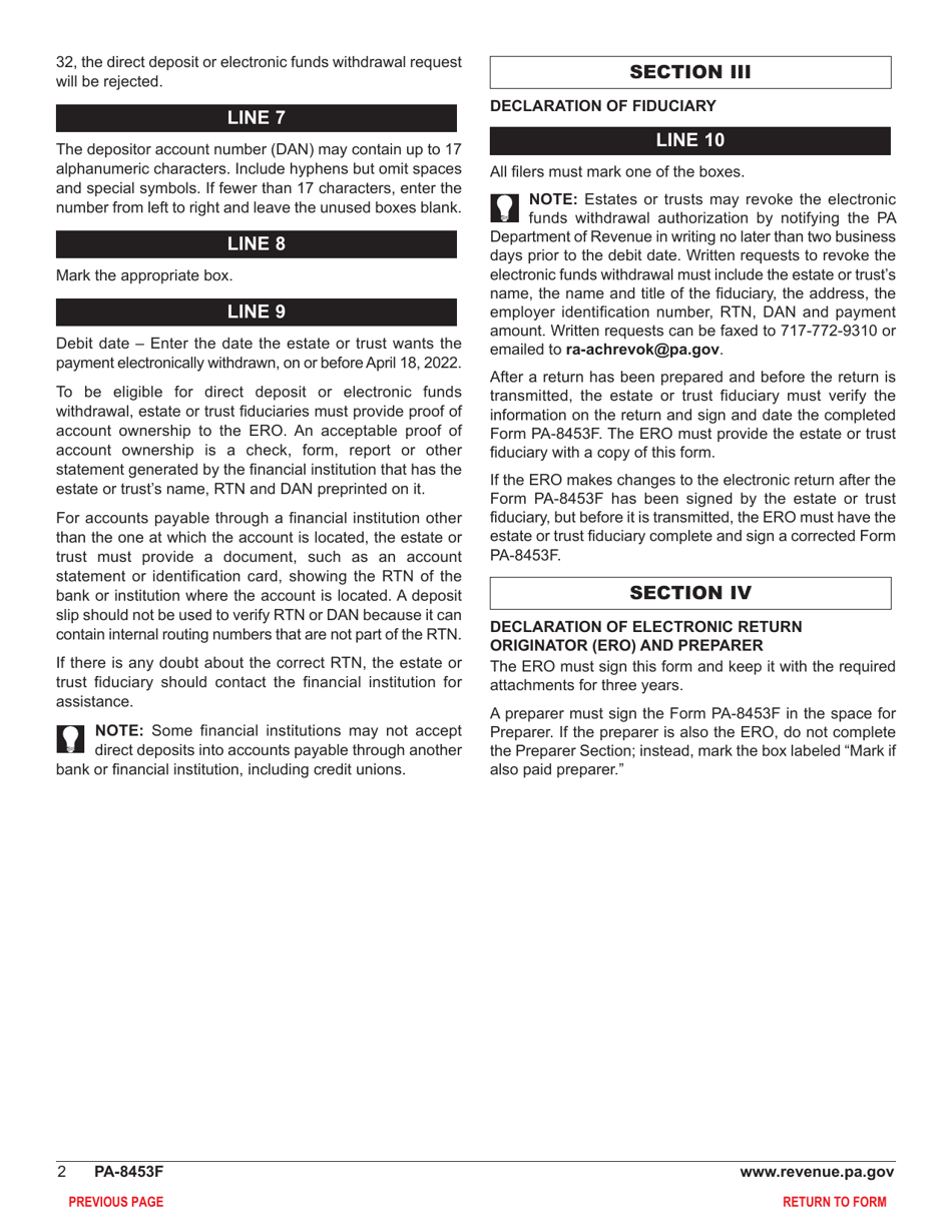Form PA-8453F Pennsylvania Fiduciary Income Tax Declaration for Electronic Filing - Pennsylvania, Page 4
