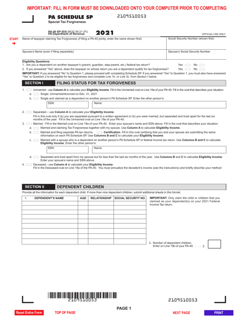 Form PA-40 Schedule SP 2021 Printable Pdf