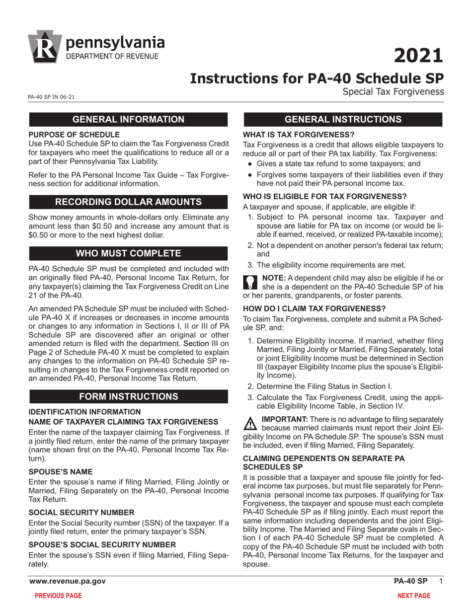 Form PA-40 Schedule SP Special Tax Forgiveness - Pennsylvania, Page 3