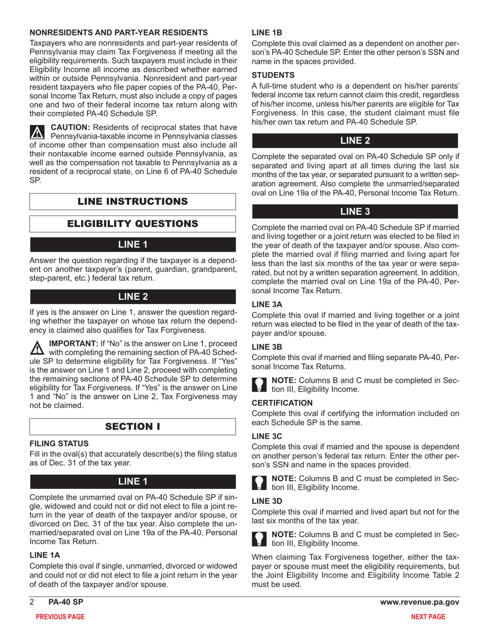 Form PA-40 Schedule SP Special Tax Forgiveness - Pennsylvania, Page 4