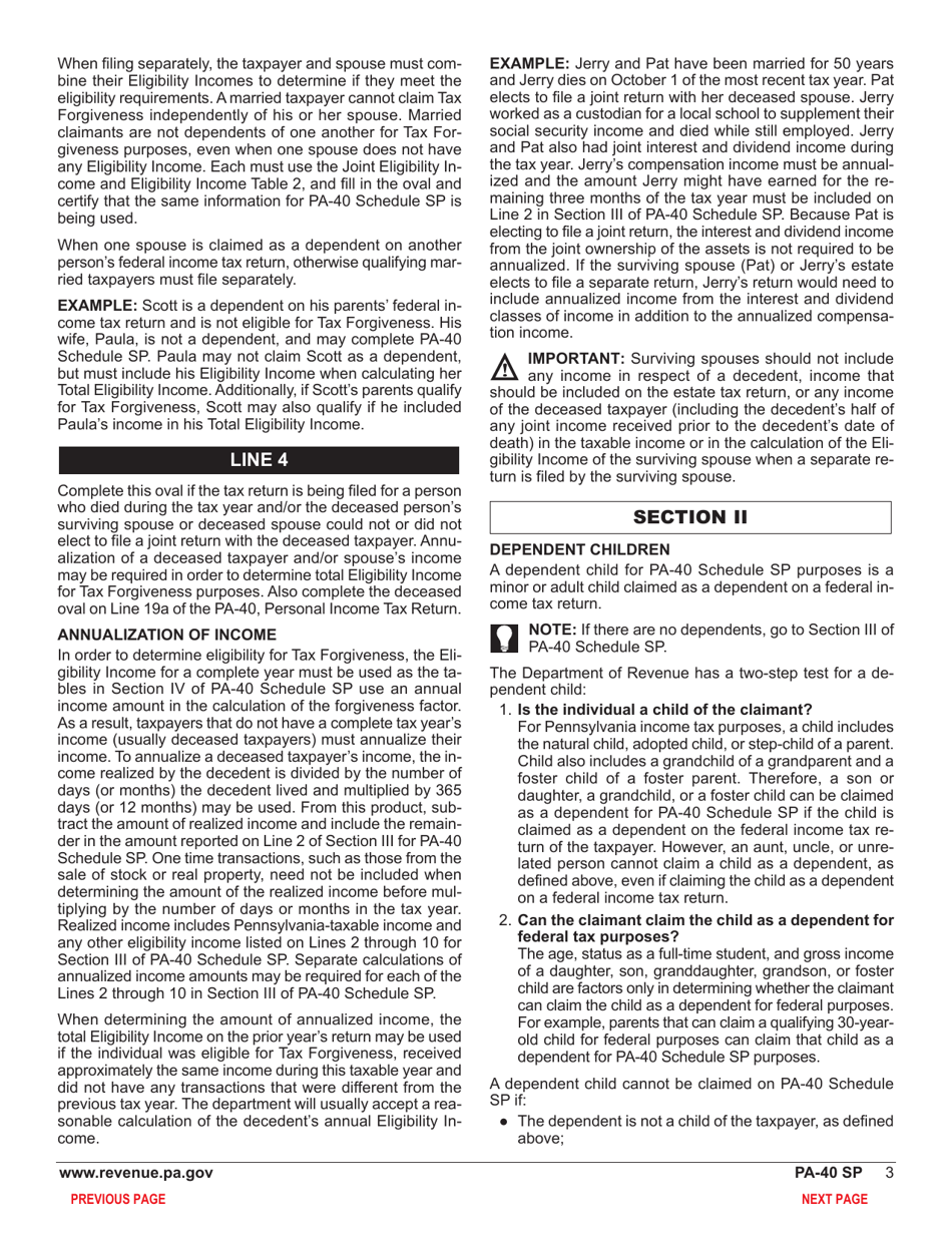 Form PA-40 Schedule SP Special Tax Forgiveness - Pennsylvania, Page 5