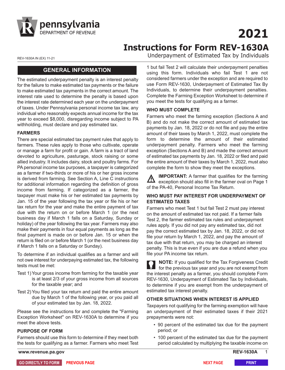 Form REV-1630A Underpayment of Estimated Tax by Individual Farmers - Pennsylvania, Page 3