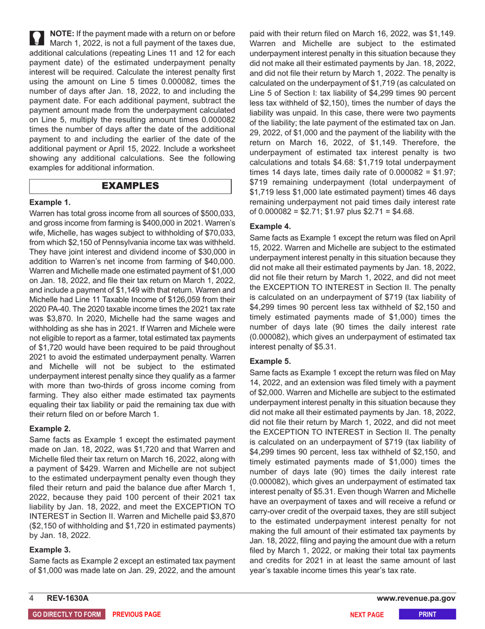 Form REV-1630A Underpayment of Estimated Tax by Individual Farmers - Pennsylvania, Page 6