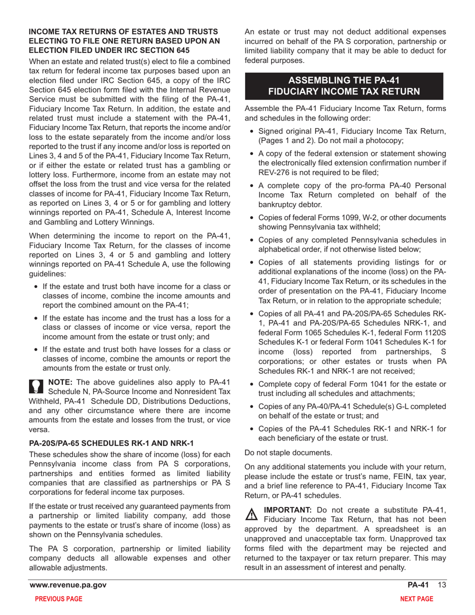 Form PA-41 Pa Fiduciary Income Tax Return - Pennsylvania, Page 15