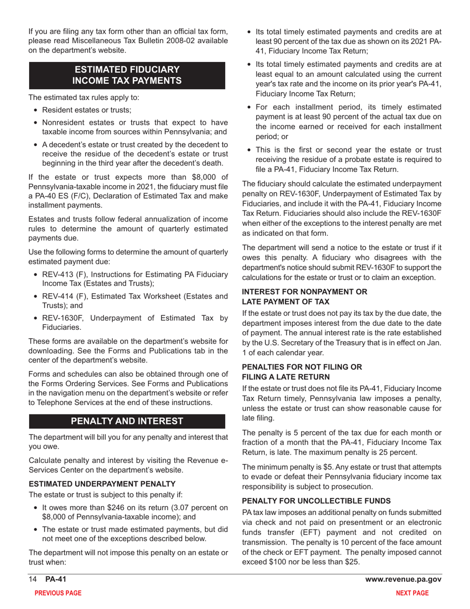 Form PA-41 Pa Fiduciary Income Tax Return - Pennsylvania, Page 16