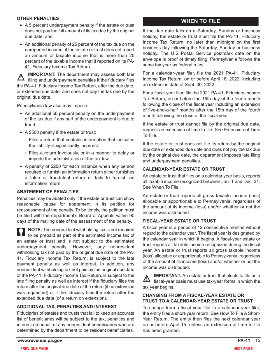 Form PA-41 Pa Fiduciary Income Tax Return - Pennsylvania, Page 17