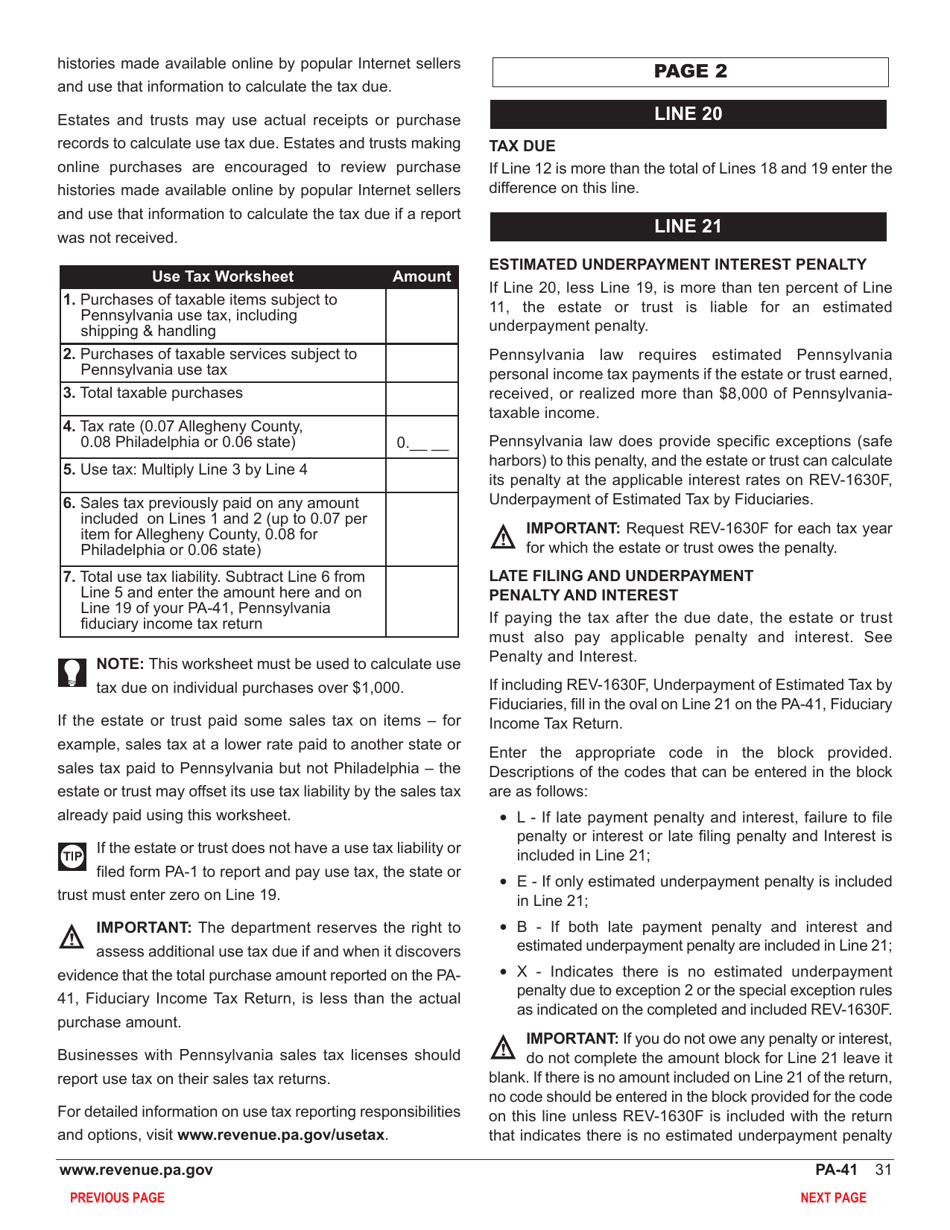Form PA-41 Pa Fiduciary Income Tax Return - Pennsylvania, Page 33