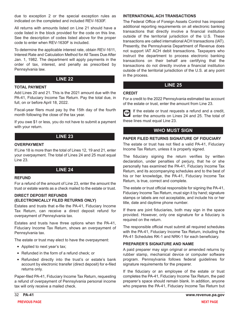 Form PA-41 Pa Fiduciary Income Tax Return - Pennsylvania, Page 34
