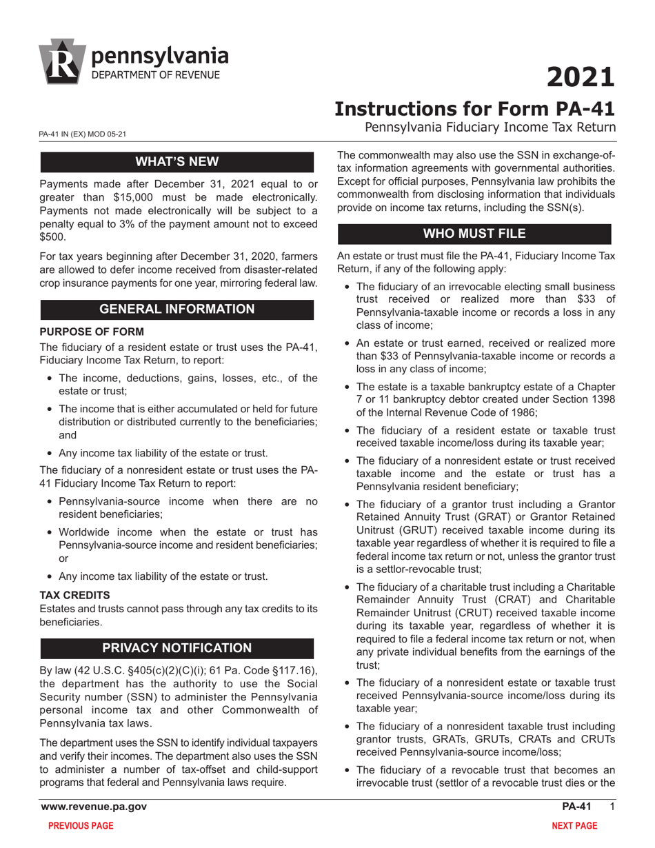 Form PA-41 Pa Fiduciary Income Tax Return - Pennsylvania, Page 3
