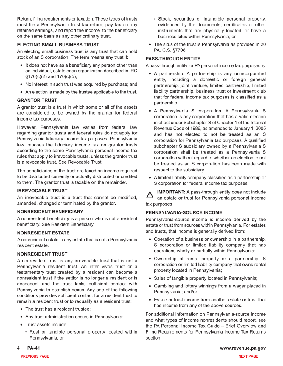 Form PA-41 Pa Fiduciary Income Tax Return - Pennsylvania, Page 6