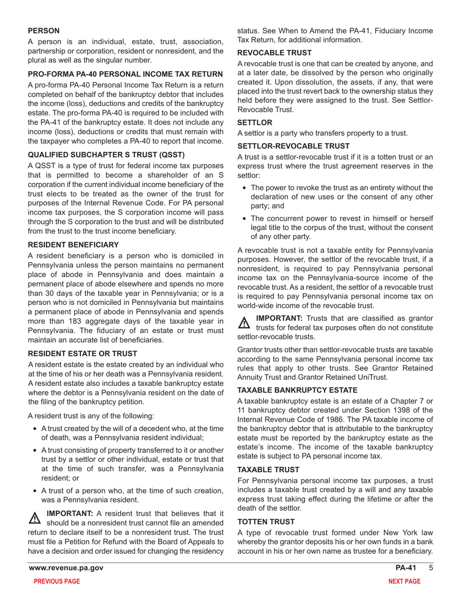 Form PA-41 Pa Fiduciary Income Tax Return - Pennsylvania, Page 7