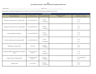 ACA Compliance Checklist - Dental Exchange or Exchange Certified Plans - Pennsylvania