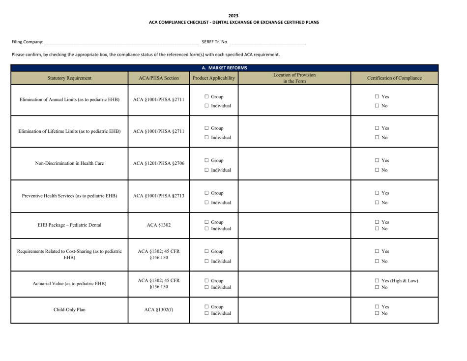 ACA Compliance Checklist - Dental Exchange or Exchange Certified Plans - Pennsylvania, Page 1