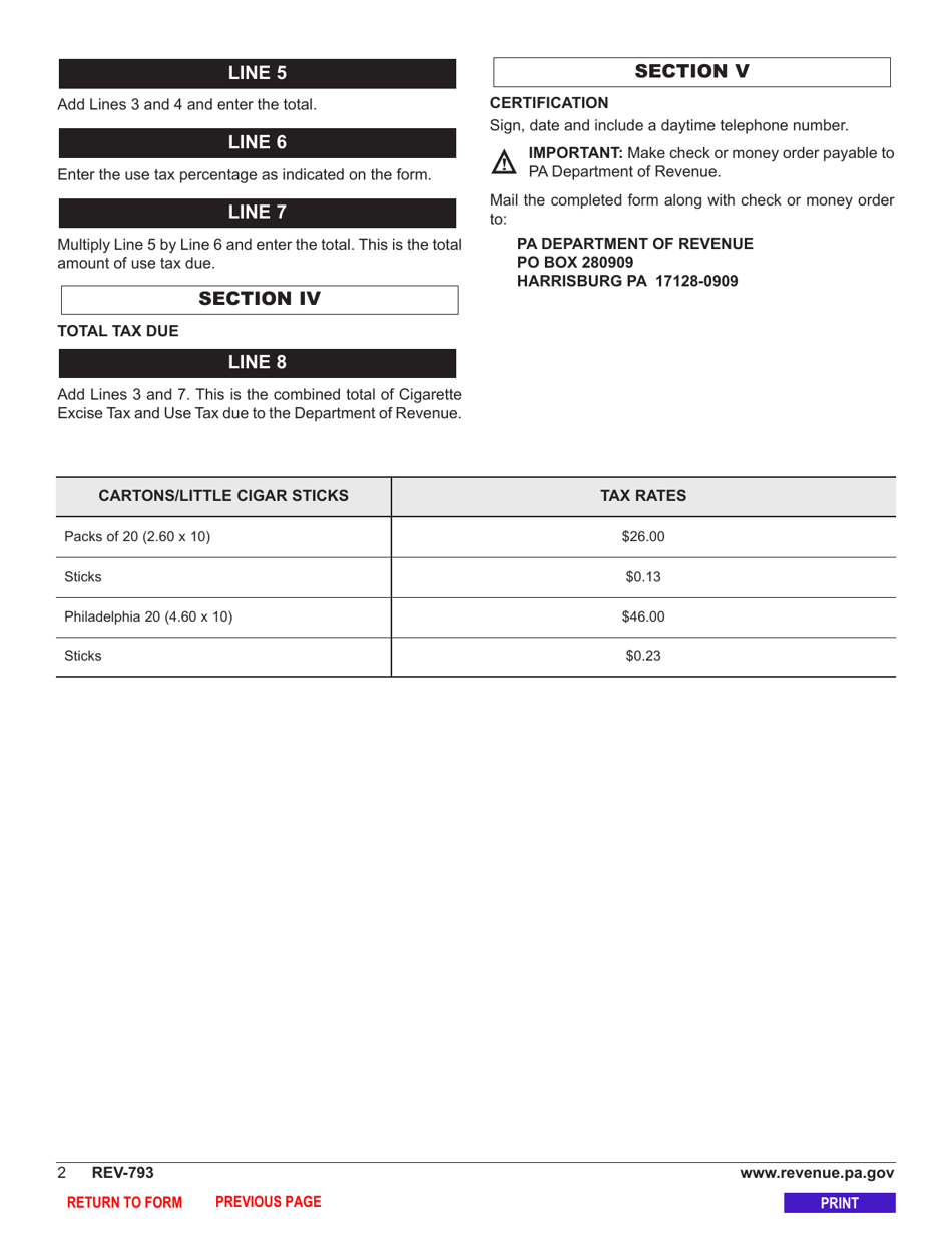 Form REV-793 Consumer Cigarette Use / Excise Tax Return - Pennsylvania, Page 4