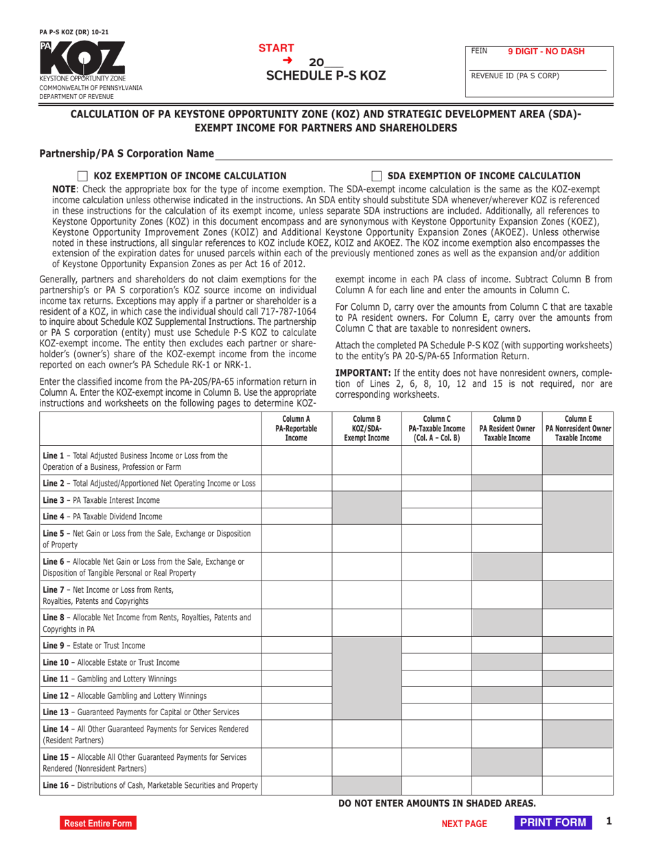 Schedule P-S KOZ Calculation of Pa Keystone Opportunity Zone (Koz) and Strategic Development Area (Sda) - Exempt Income for Partners and Shareholders - Pennsylvania, Page 1