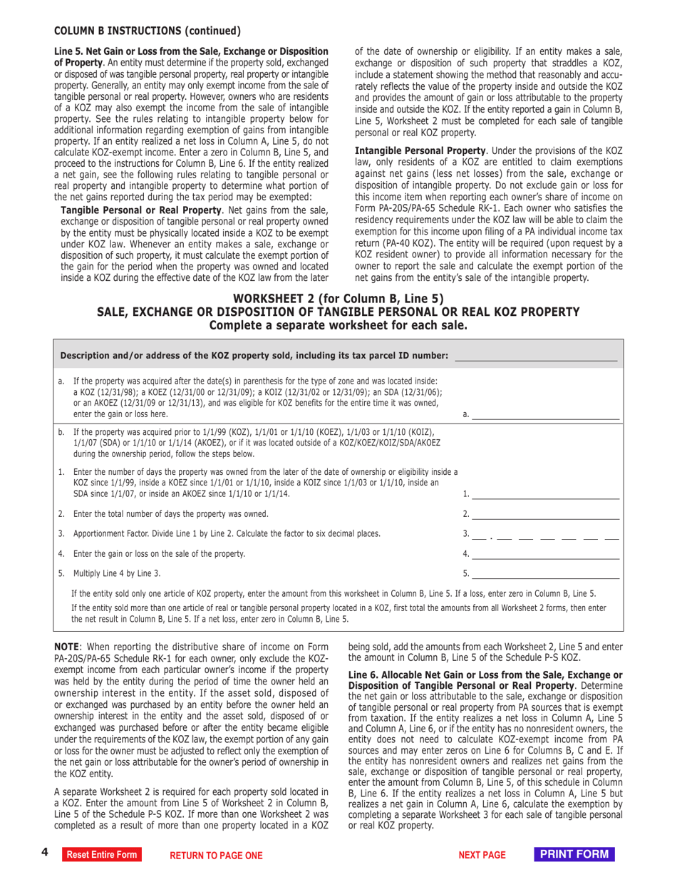 Schedule P-S KOZ Calculation of Pa Keystone Opportunity Zone (Koz) and Strategic Development Area (Sda) - Exempt Income for Partners and Shareholders - Pennsylvania, Page 4