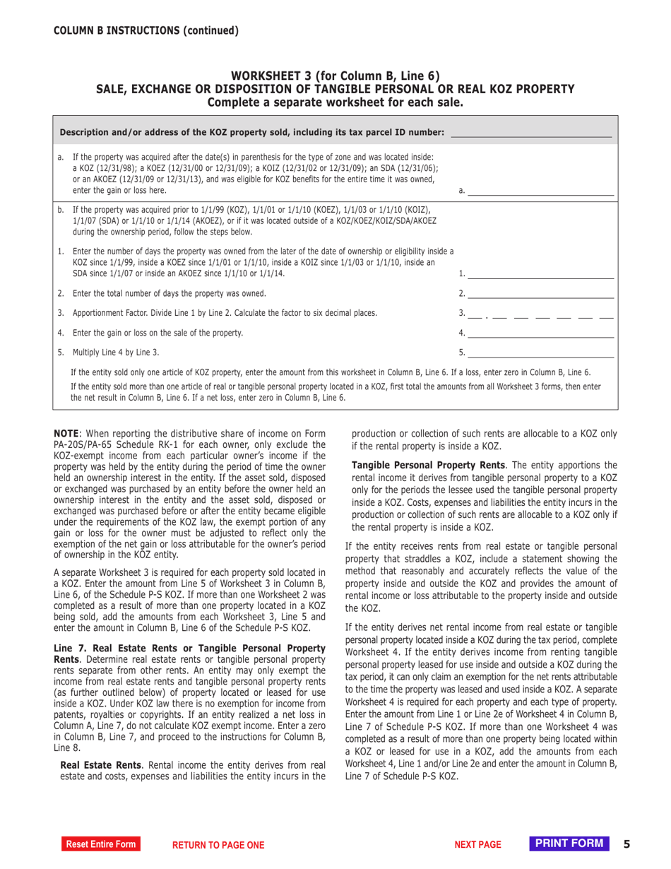 Schedule P-S KOZ Calculation of Pa Keystone Opportunity Zone (Koz) and Strategic Development Area (Sda) - Exempt Income for Partners and Shareholders - Pennsylvania, Page 5