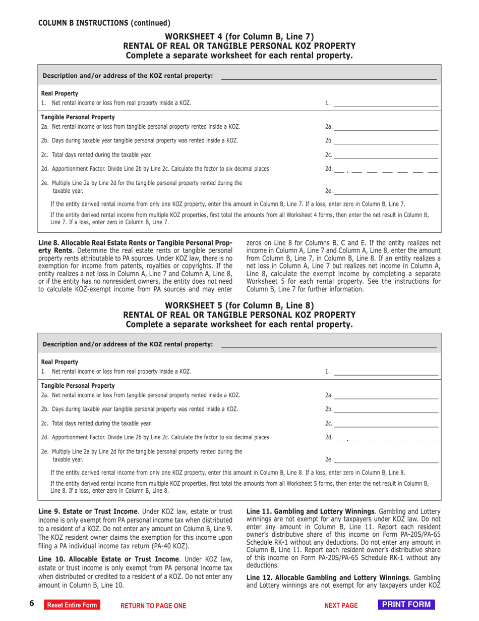Schedule P-S KOZ Calculation of Pa Keystone Opportunity Zone (Koz) and Strategic Development Area (Sda) - Exempt Income for Partners and Shareholders - Pennsylvania, Page 6