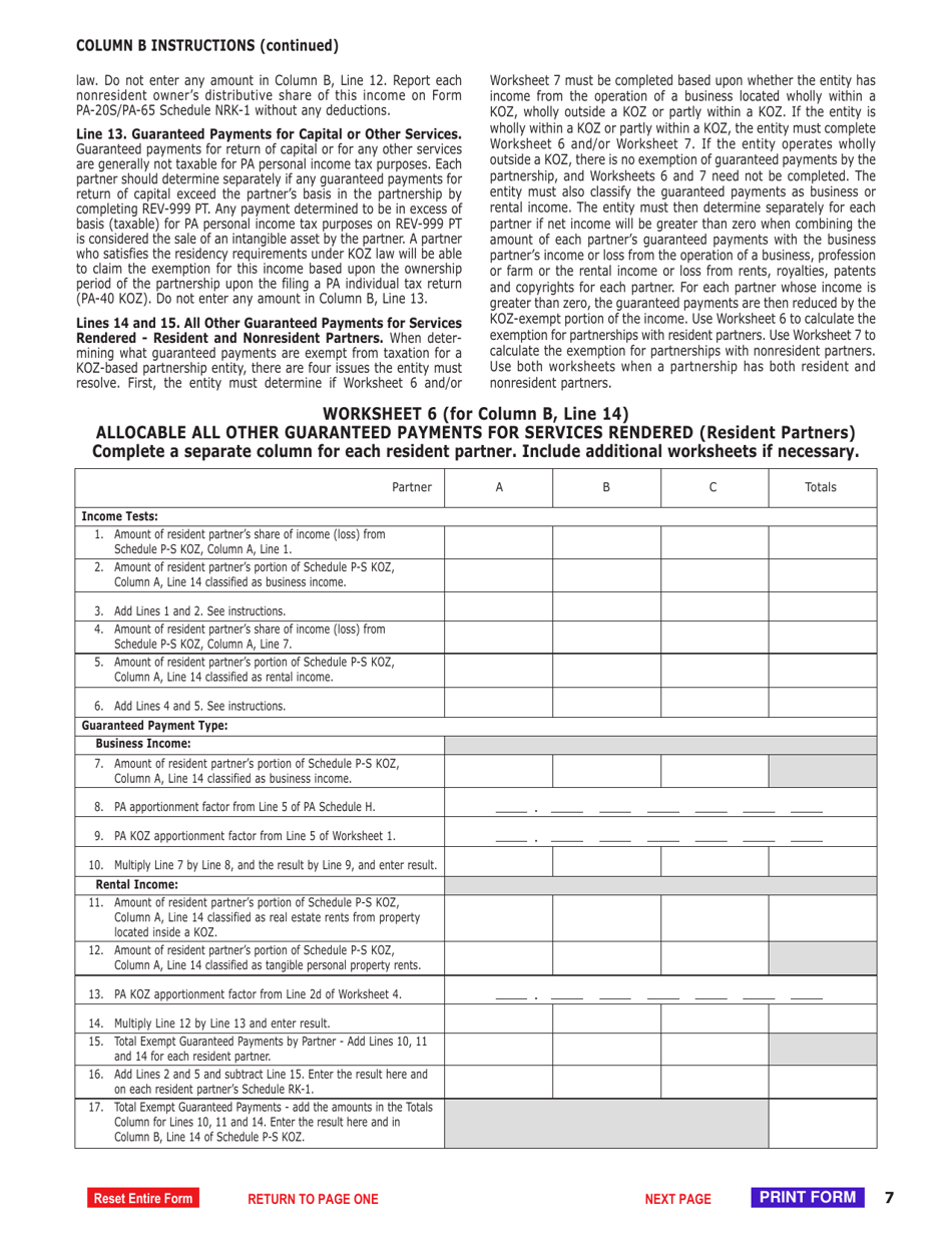 Schedule P-S KOZ Calculation of Pa Keystone Opportunity Zone (Koz) and Strategic Development Area (Sda) - Exempt Income for Partners and Shareholders - Pennsylvania, Page 7