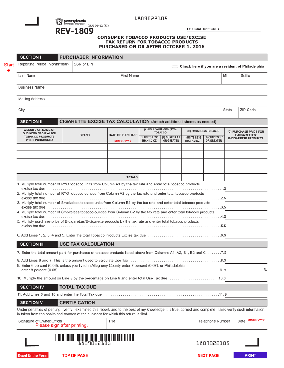 Form REV-1809 Consumer Tobacco Products Use / Excise Tax Return for Tobacco Products Purchased on or After October 1, 2016 - Pennsylvania, Page 1