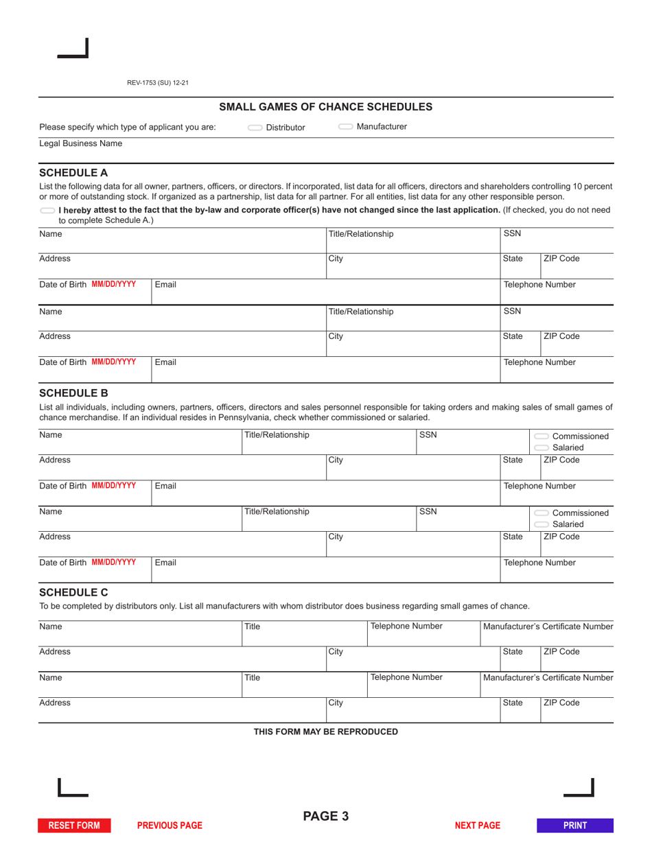 Form REV-1753 Application for Small Games of Chance - Licensing of Distributors and Registration of Manufacturers - Pennsylvania, Page 3