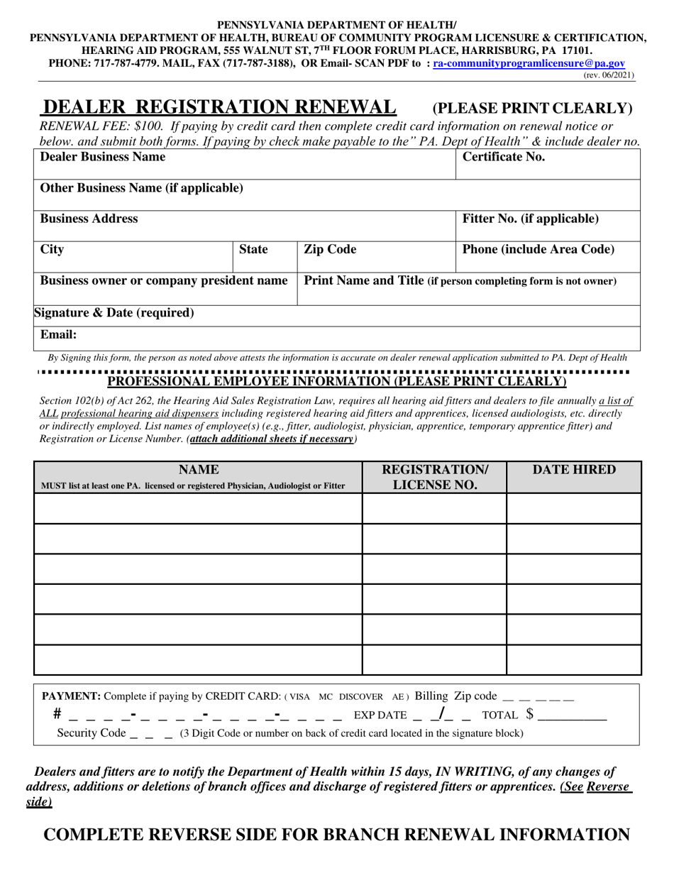 Pennsylvania Dealer Registration Renewal Download Printable PDF