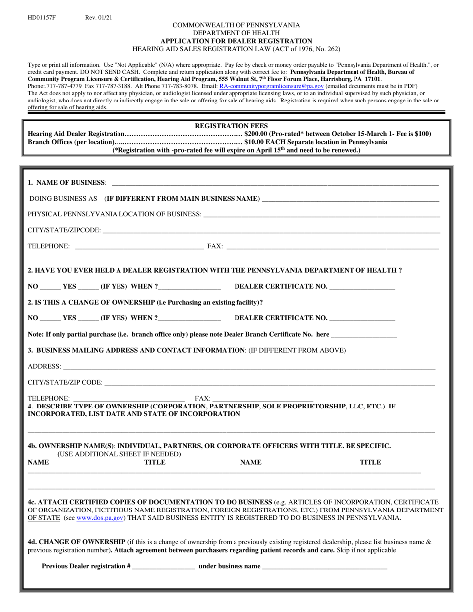 Form HD01157F Application for Dealer Registration - Pennsylvania, Page 1