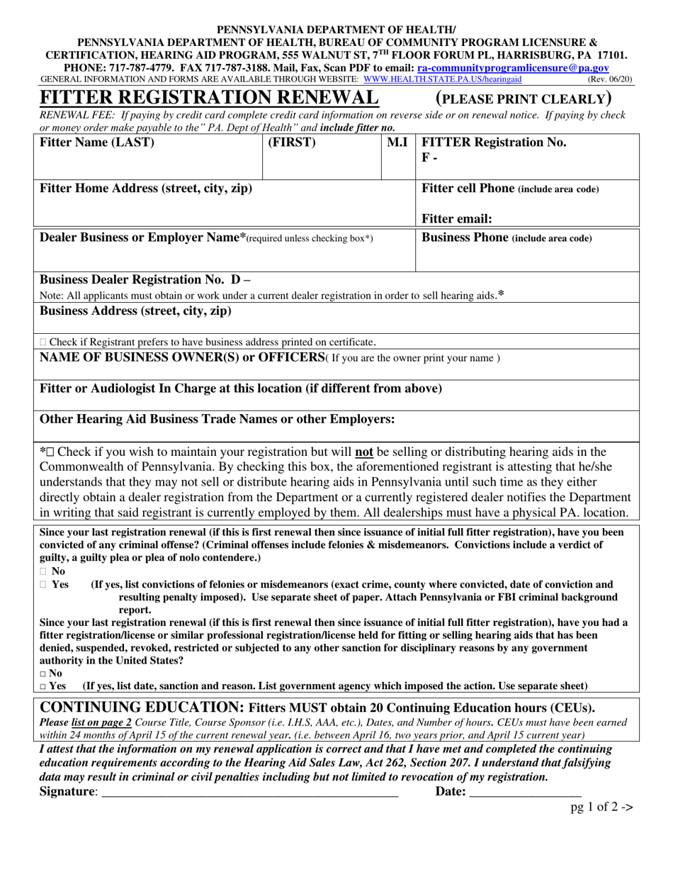 Fitter Registration Renewal - Pennsylvania, Page 1