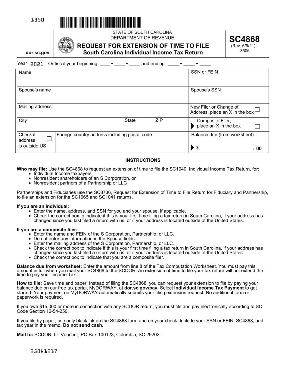 Form SC4868 Request for Extension of Time to File South Carolina Individual Income Tax Return - South Carolina, Page 1