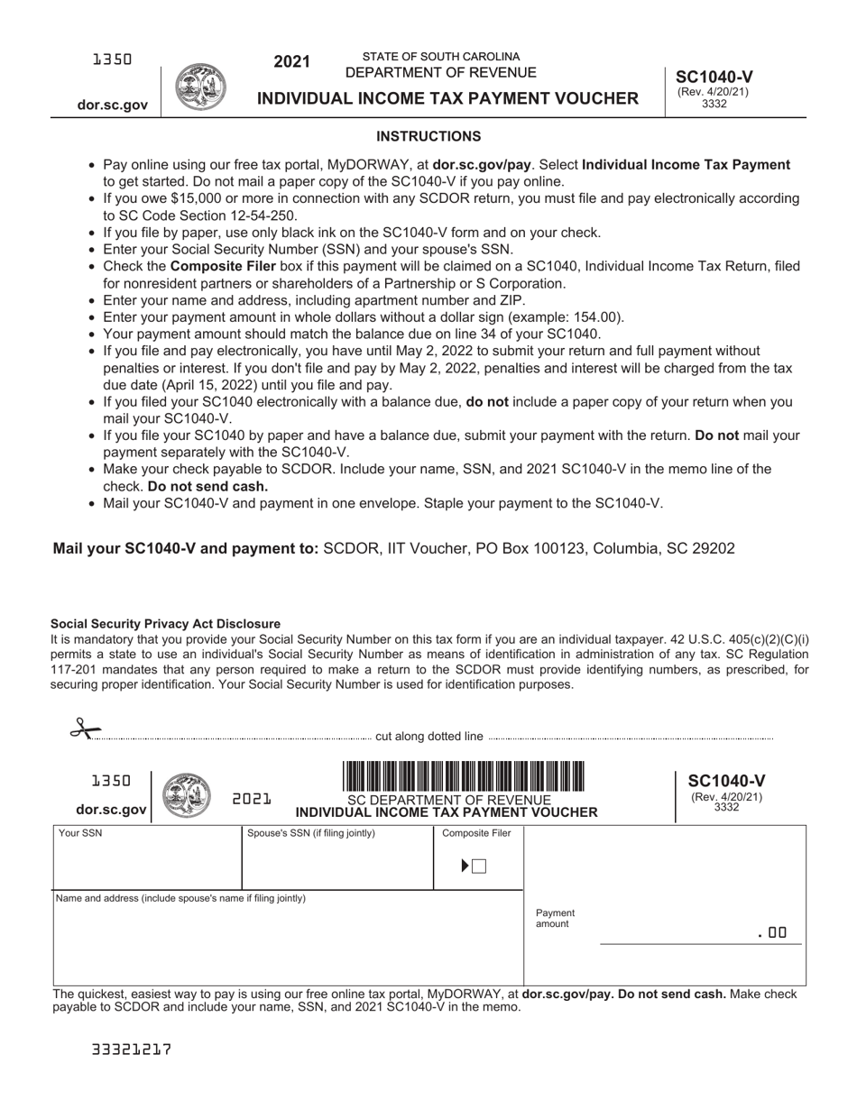 Form SC1040-V Individual Income Tax Payment Voucher - South Carolina, Page 1