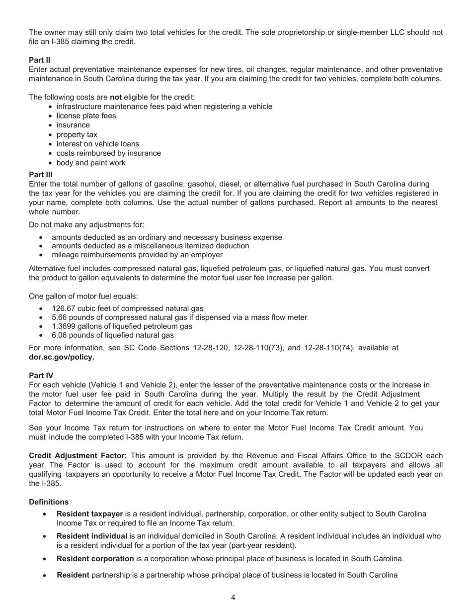 Form I-385 Motor Fuel Income Tax Credit - South Carolina, Page 4