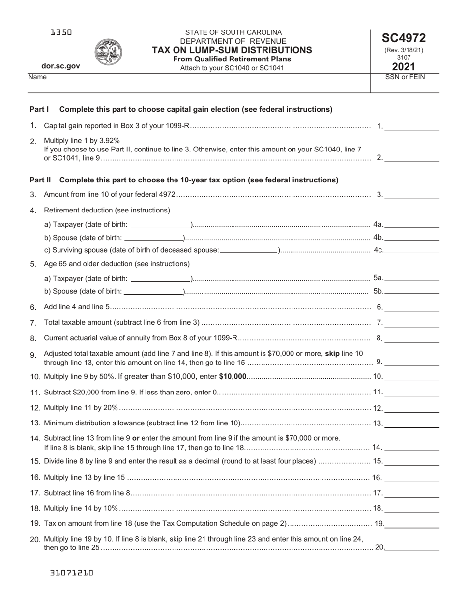 Form SC4972 Tax on Lump-Sum Distributions From Qualified Retirement Plans - South Carolina, Page 1