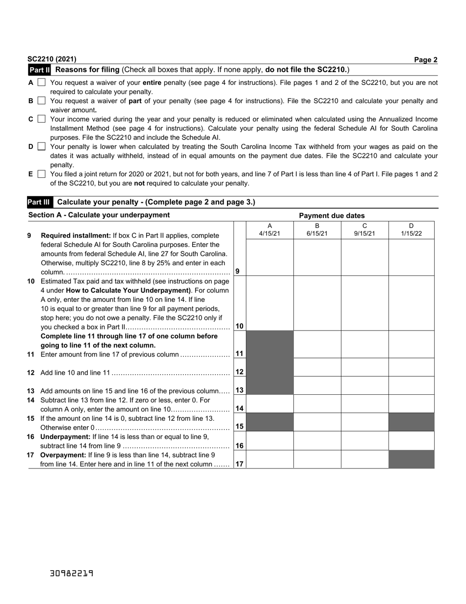 Form SC2210 Underpayment of Estimated Tax by Individuals, Estates, and Trusts - South Carolina, Page 2