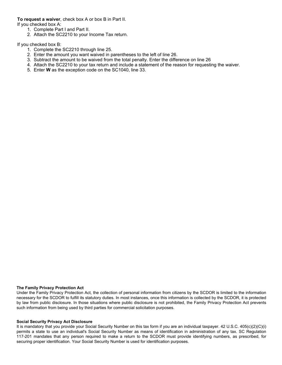 Form SC2210 Underpayment of Estimated Tax by Individuals, Estates, and Trusts - South Carolina, Page 5