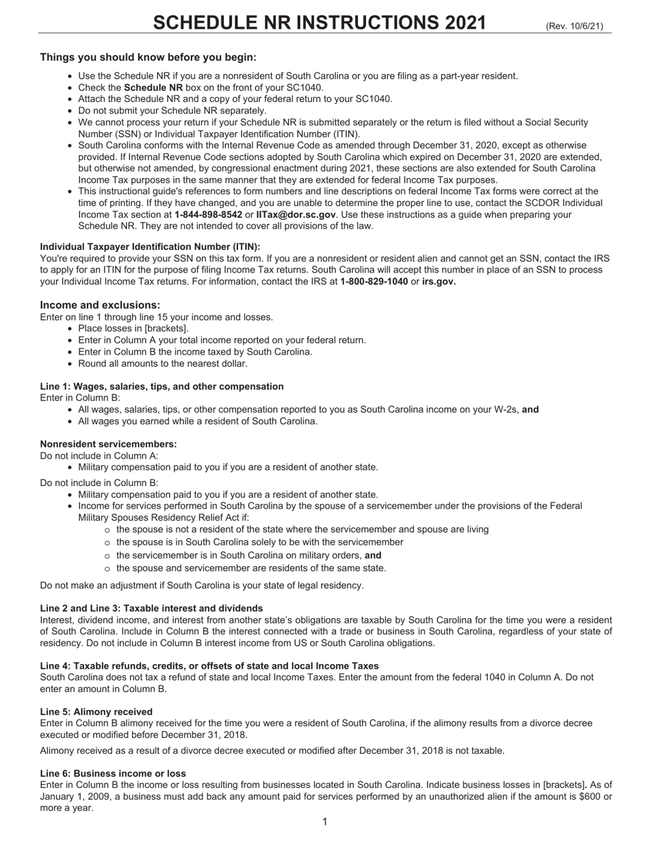 Instructions for Schedule NR Nonresident Schedule - South Carolina, Page 1