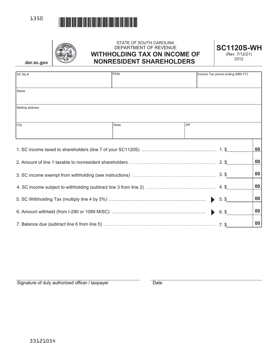 Form SC1120S-WH Withholding Tax on Income of Nonresident Shareholders - South Carolina, Page 1