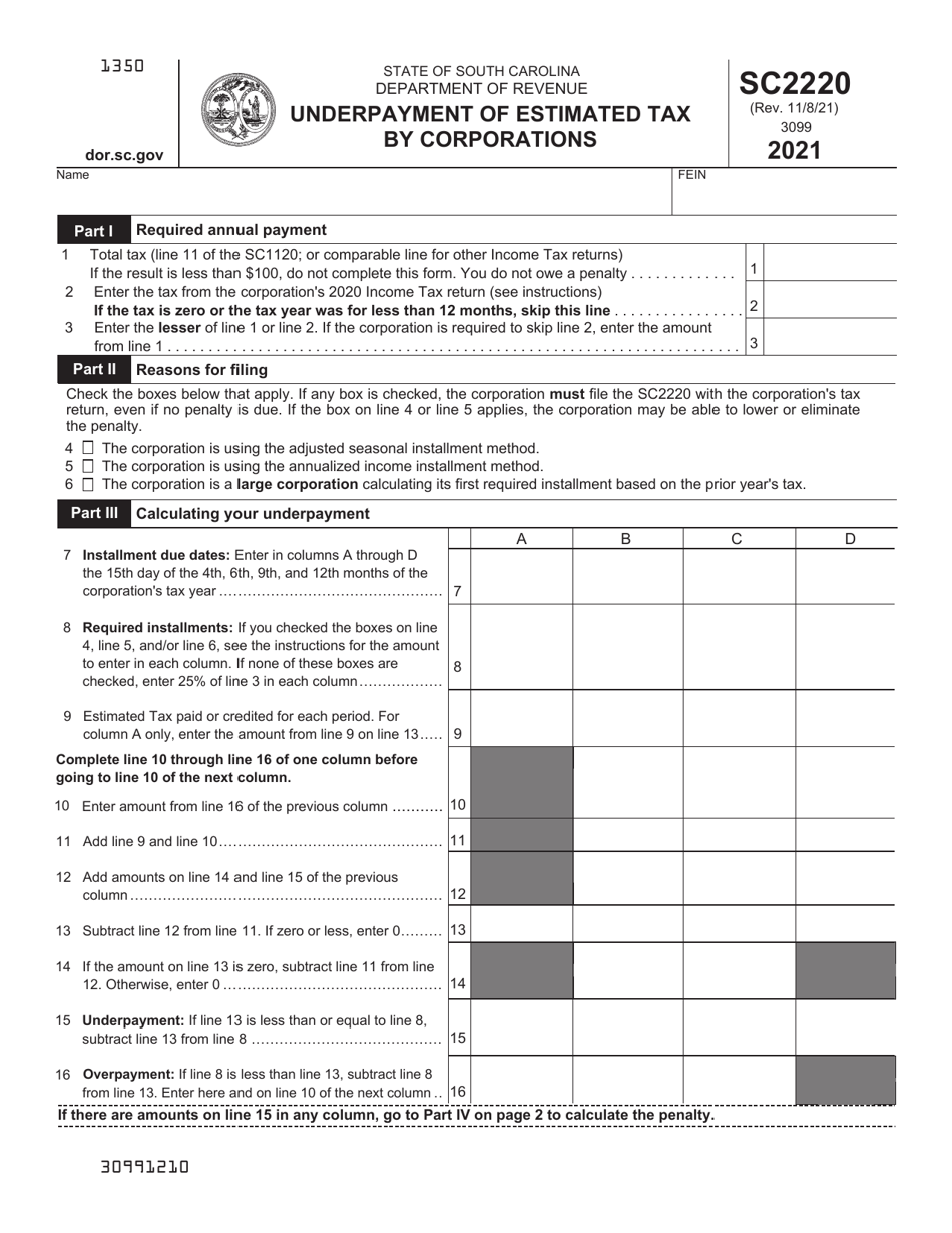 Form SC2220 Underpayment of Estimated Tax by Corporations - South Carolina, Page 1