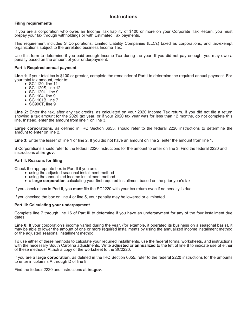 Form SC2220 Underpayment of Estimated Tax by Corporations - South Carolina, Page 3