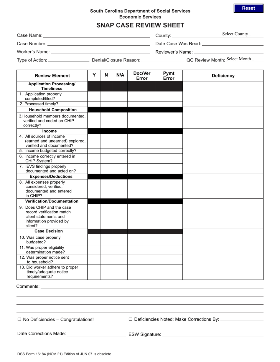 DSS Form 16184 Snap Case Review Sheet - South Carolina, Page 1