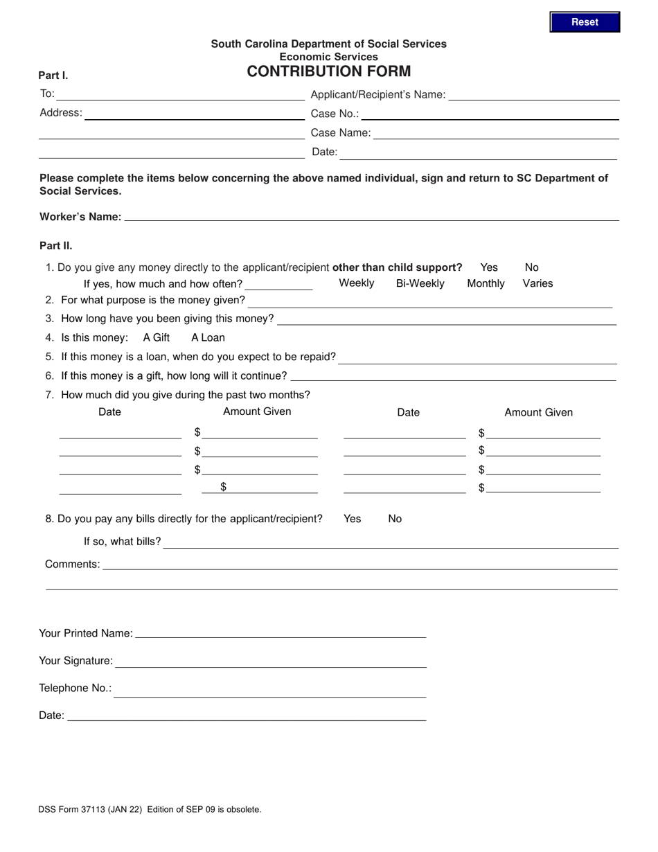 Dss Form 37113 Download Fillable Pdf Or Fill Online Contribution Form South Carolina 5294