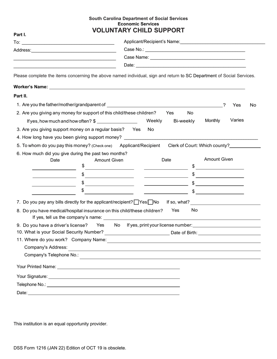 DSS Form 1216 Voluntary Child Support - South Carolina, Page 1