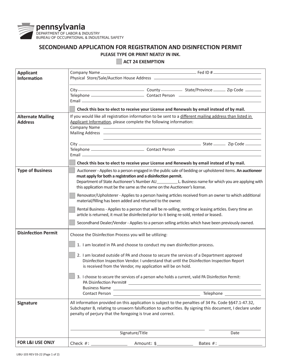 Form LIBU-103 Secondhand Application for Registration and Disinfection Permit - Pennsylvania, Page 1