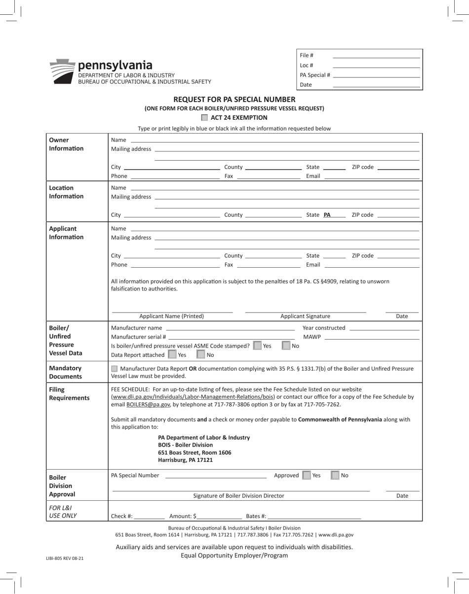Form LIBI-805 Request for Pa Special Number - Pennsylvania, Page 1