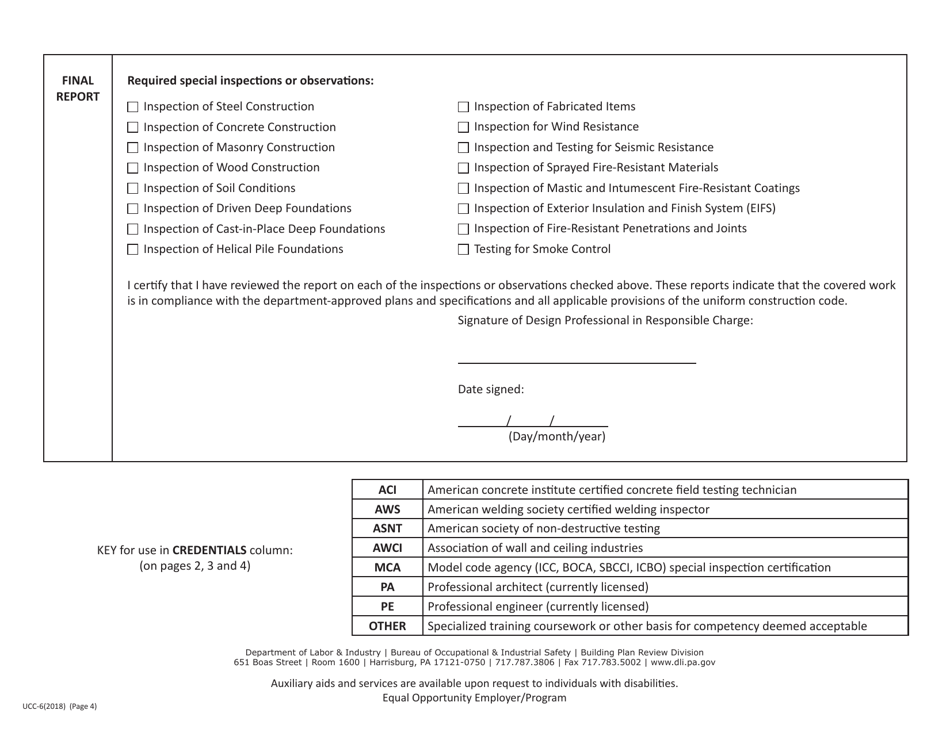 Form UCC-6 Special Inspections and Observations Statement - Pennsylvania, Page 4