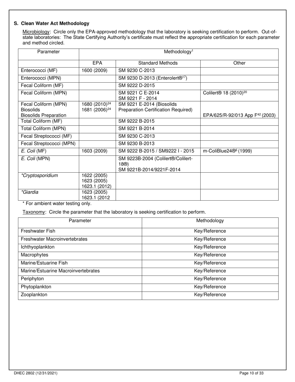 DHEC Form 2802 Application for Environmental Laboratory Certification - South Carolina, Page 10