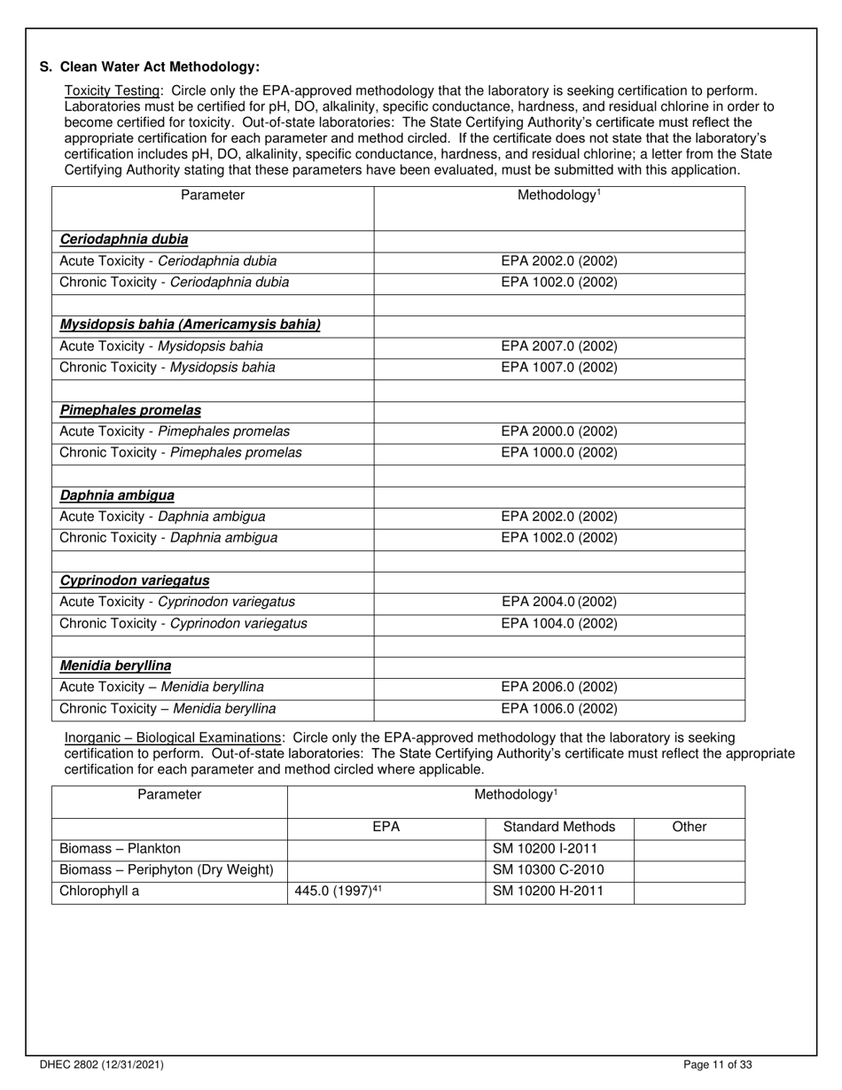 DHEC Form 2802 Download Printable PDF or Fill Online Application for ...